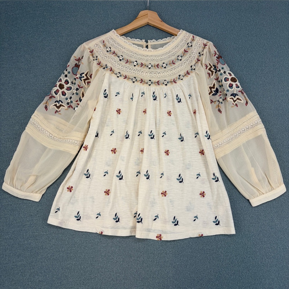 Anthropologie Priscilla Embroidered Peasant Top Ivory Floral Boho Small Beaded